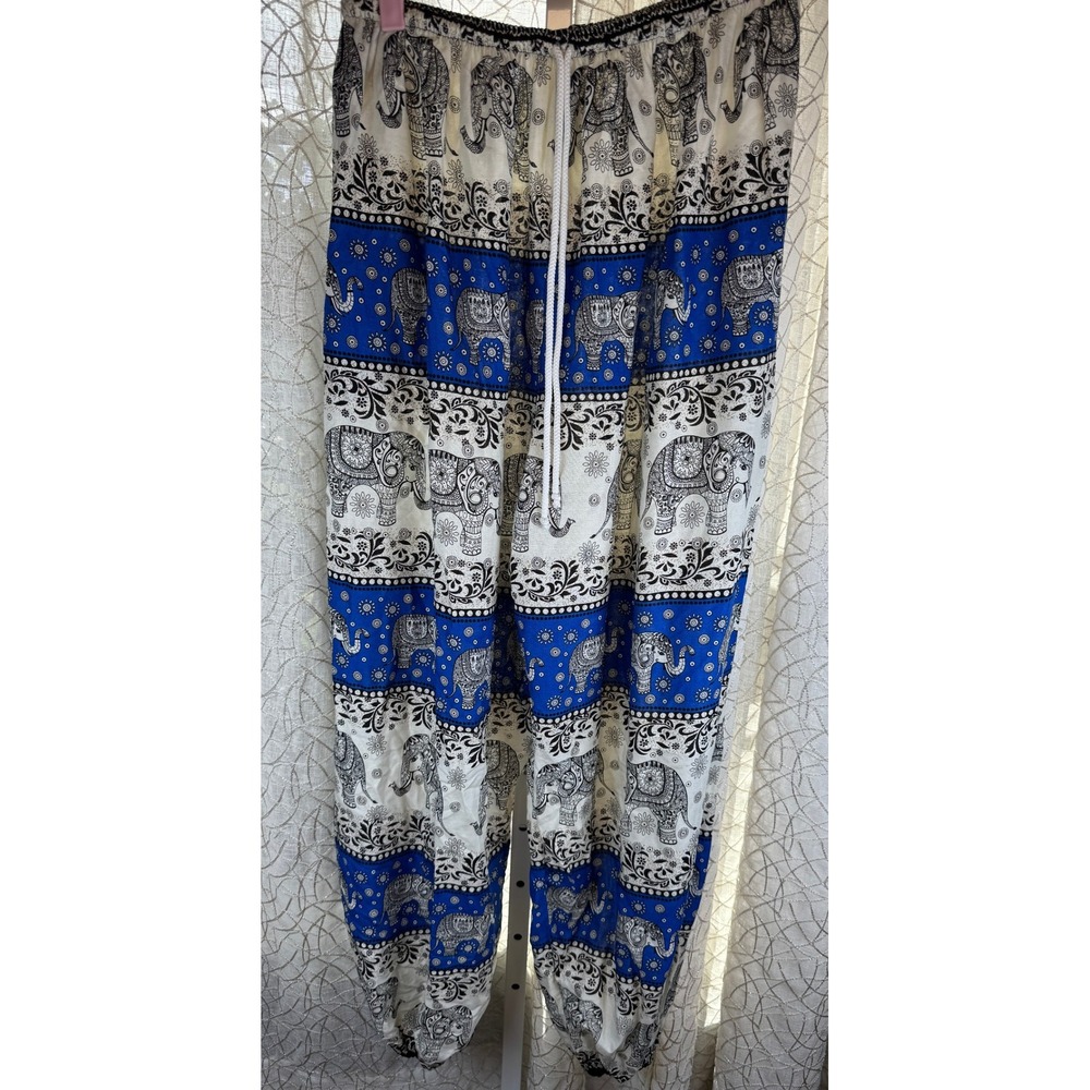 Vintage Inspired Elephant Print Harem Pants Boho Lounge Festival Wear Blue/Black - Picture 3 of 9